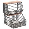 2Pcs Stackable Fruit Baskets For Kitchen Wall Mounted Hanging Basket With Wood Lid 4 Banana Hooks Potato and Onion Storage Bin Kitchen Organizers for