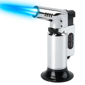 Culinary Butane Torch Lighter Refillable Blow Torch Flame Adjustable Flame Kitchen Cooking BBQ Torch w/ Fire Lock (Gas Not Included) (Option: Silver)