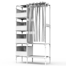 Portable Closet Wardrobe Clothes Storage Cabinet Organizer Garment Hanging Rack Shelves with 4 Storage Bags 1 Shelf 1 Hanging Rod 4 Hooks (Option: White)